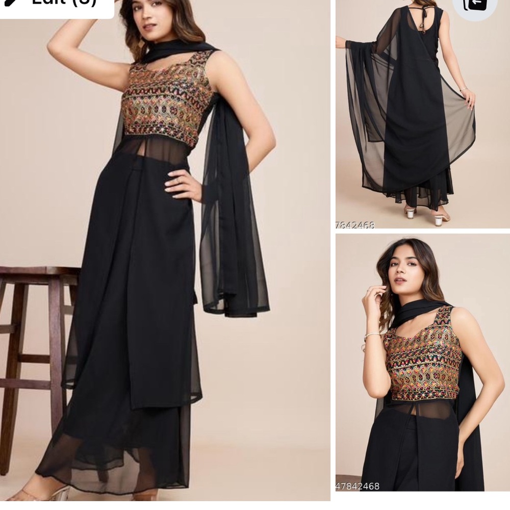 Boutique high Front Slit Embroidery 3 pic set Skirt long top and skirt set